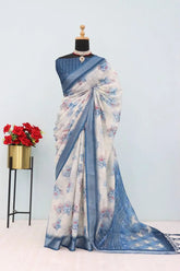 Linen Digital Print Blue Saree With Unstiched Blouse Piece-MPHL-20-BLUE